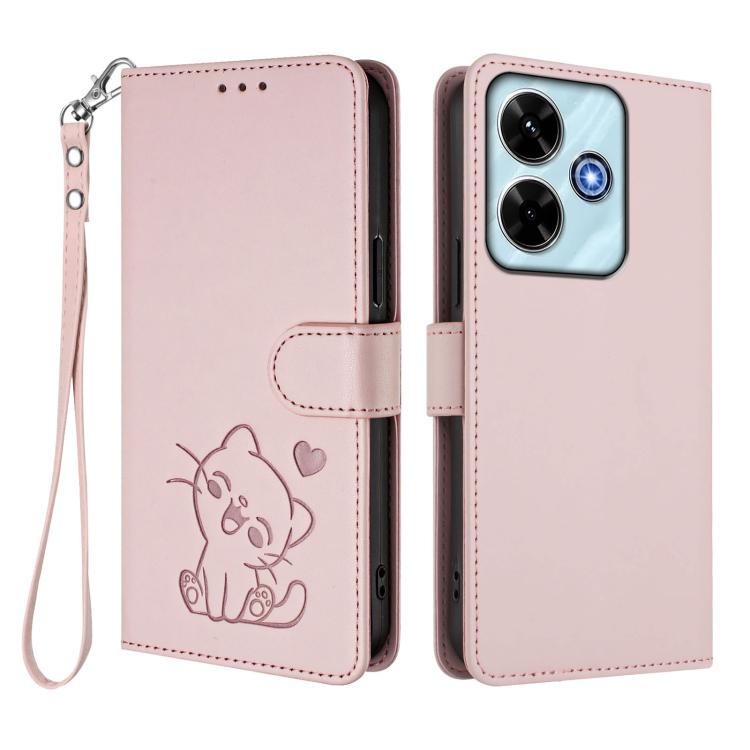 For Redmi 13 4G / 5G / 13x / Xiaomi Poco M6 4G Embossed Heart Cat Leather Phone Case with Hand Strap