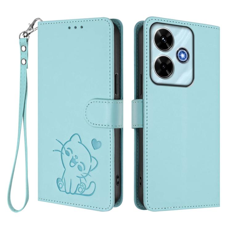 For Redmi 13 4G / 5G / 13x / Xiaomi Poco M6 4G Embossed Heart Cat Leather Phone Case with Hand Strap