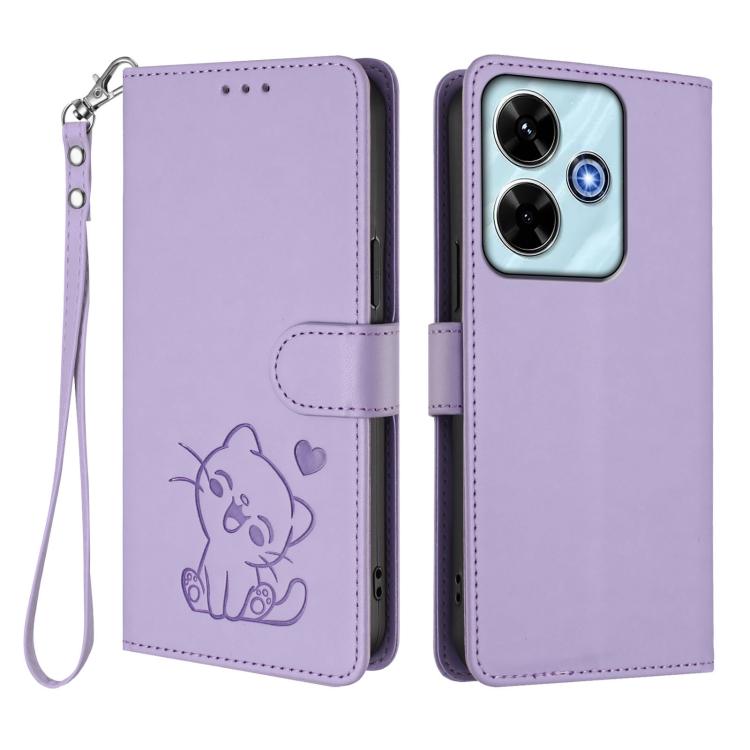 For Redmi 13 4G / 5G / 13x / Xiaomi Poco M6 4G Embossed Heart Cat Leather Phone Case with Hand Strap