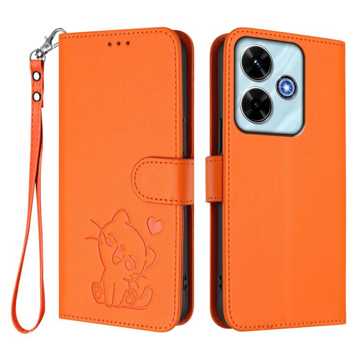 For Redmi 13 4G / 5G / 13x / Xiaomi Poco M6 4G Embossed Heart Cat Leather Phone Case with Hand Strap