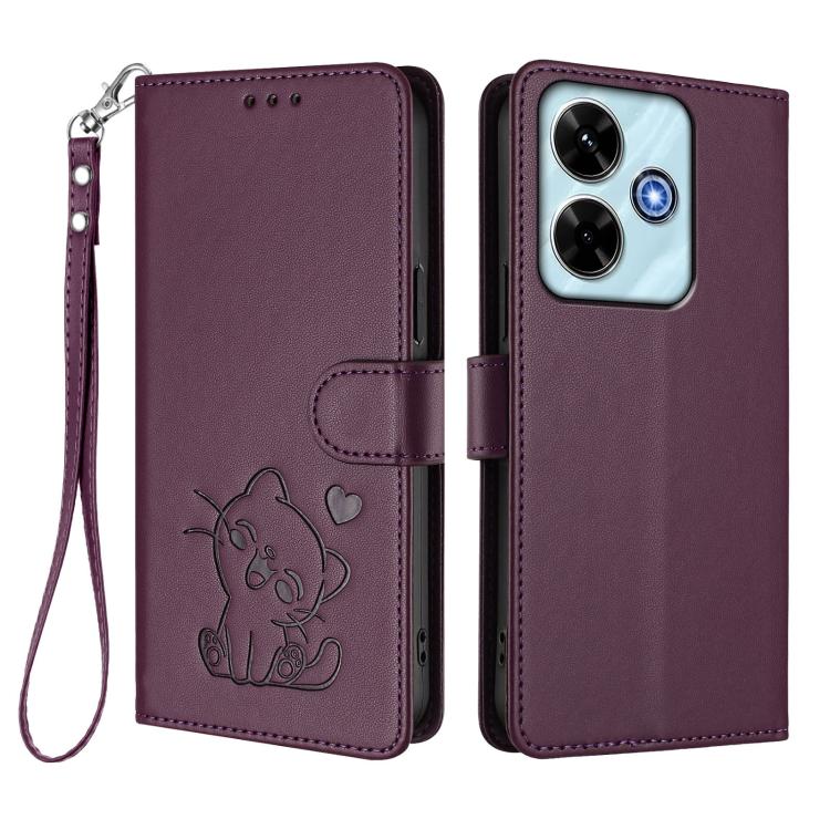 For Redmi 13 4G / 5G / 13x / Xiaomi Poco M6 4G Embossed Heart Cat Leather Phone Case with Hand Strap