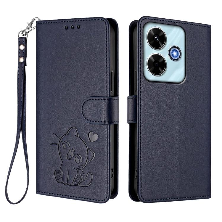 For Redmi 13 4G / 5G / 13x / Xiaomi Poco M6 4G Embossed Heart Cat Leather Phone Case with Hand Strap