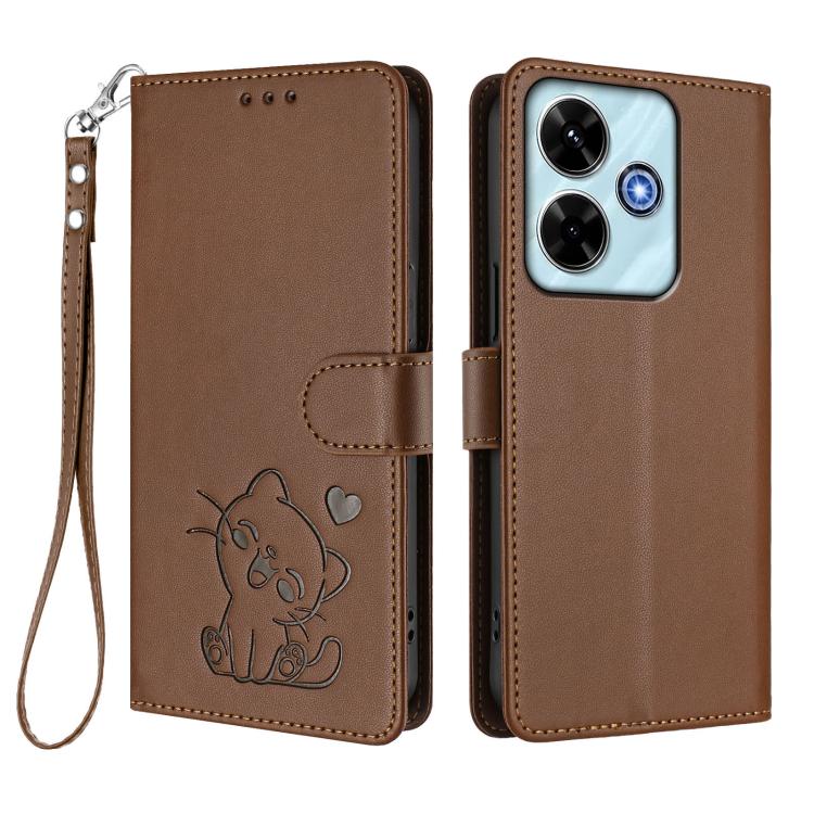 For Redmi 13 4G / 5G / 13x / Xiaomi Poco M6 4G Embossed Heart Cat Leather Phone Case with Hand Strap