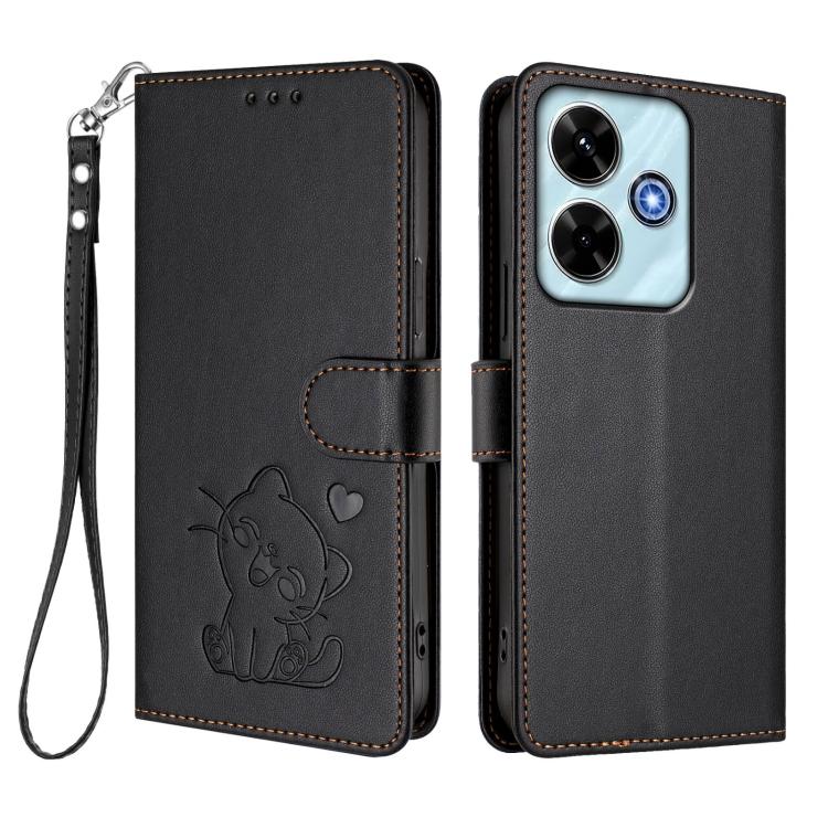 For Redmi 13 4G / 5G / 13x / Xiaomi Poco M6 4G Embossed Heart Cat Leather Phone Case with Hand Strap