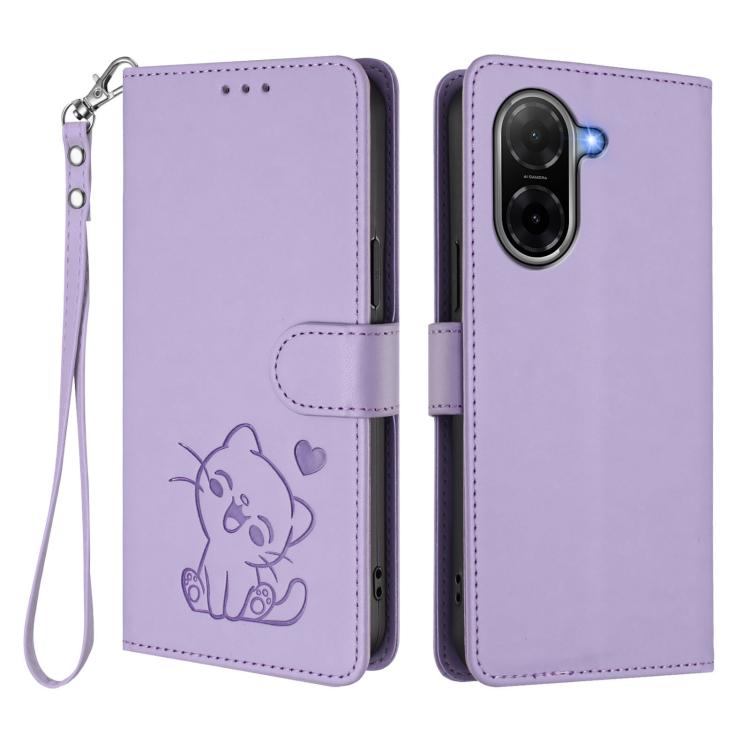 For Redmi A5 4G 173.3mm Embossed Heart Cat Leather Phone Case with Hand Strap