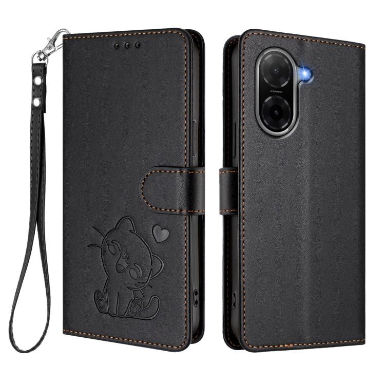 For Redmi A5 4G 173.3mm Embossed Heart Cat Leather Phone Case with Hand Strap