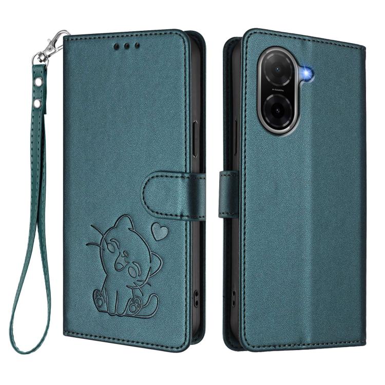 For Redmi A5 4G 171.7mm / Xiaomi Poco C71 Embossed Heart Cat Leather Phone Case with Hand Strap