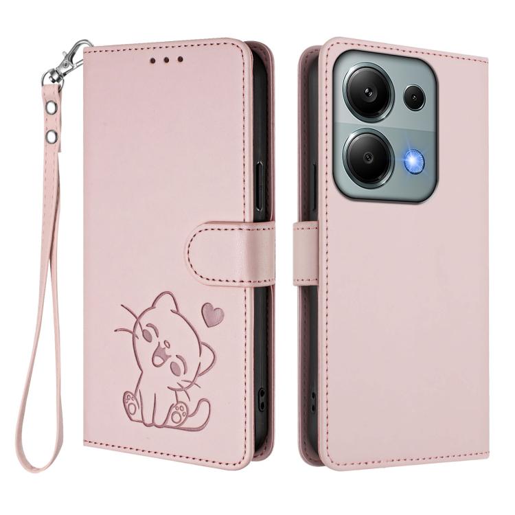 For Redmi Note 14S 4G / 13 Pro 4G Global Embossed Heart Cat Leather Phone Case with Hand Strap