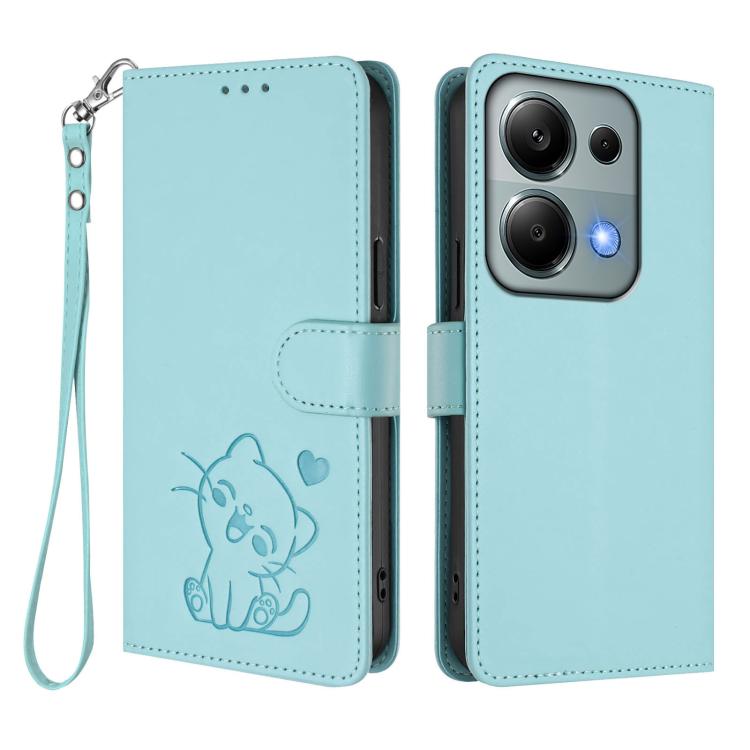 For Redmi Note 14S 4G / 13 Pro 4G Global Embossed Heart Cat Leather Phone Case with Hand Strap
