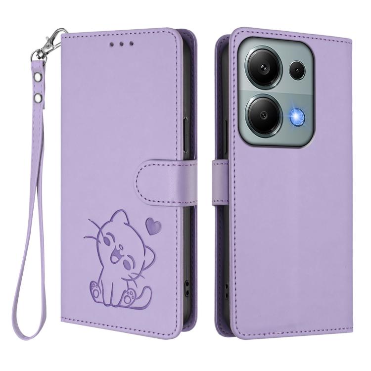 For Redmi Note 14S 4G / 13 Pro 4G Global Embossed Heart Cat Leather Phone Case with Hand Strap