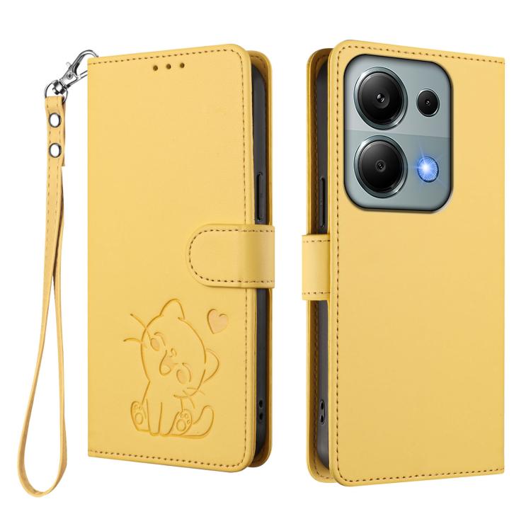 For Redmi Note 14S 4G / 13 Pro 4G Global Embossed Heart Cat Leather Phone Case with Hand Strap