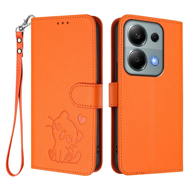 For Redmi Note 14S 4G / 13 Pro 4G Global Embossed Heart Cat Leather Phone Case with Hand Strap