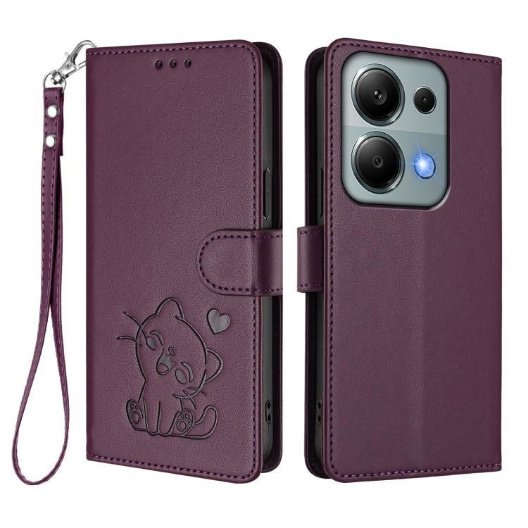 For Redmi Note 14S 4G / 13 Pro 4G Global Embossed Heart Cat Leather Phone Case with Hand Strap