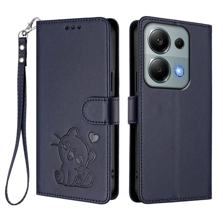 For Redmi Note 14S 4G / 13 Pro 4G Global Embossed Heart Cat Leather Phone Case with Hand Strap