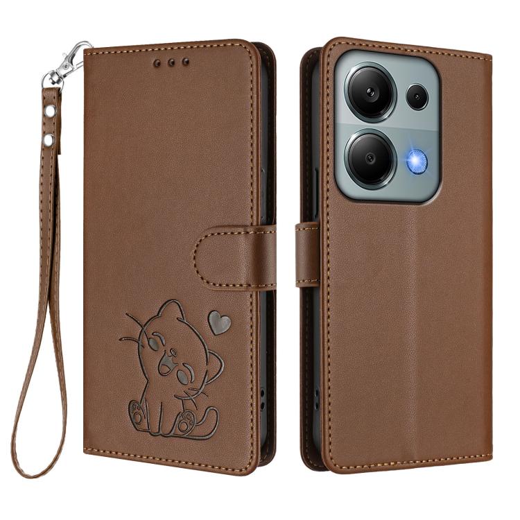 For Redmi Note 14S 4G / 13 Pro 4G Global Embossed Heart Cat Leather Phone Case with Hand Strap