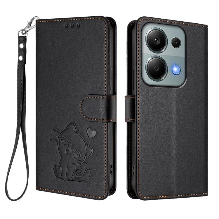 For Redmi Note 14S 4G / 13 Pro 4G Global Embossed Heart Cat Leather Phone Case with Hand Strap