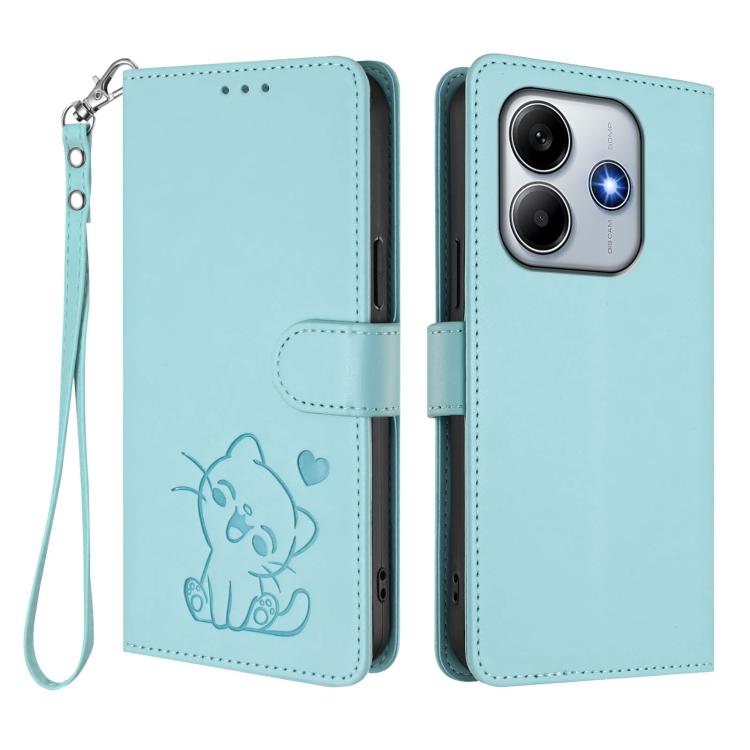 For Redmi Note 14 4G 164.84mm Embossed Heart Cat Leather Phone Case with Hand Strap