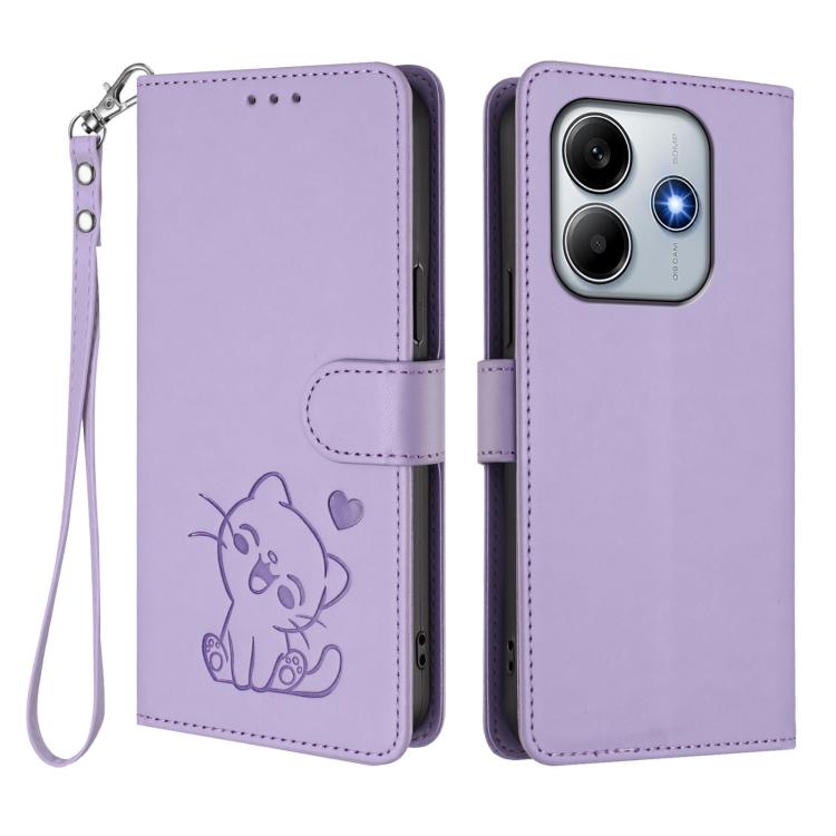 For Redmi Note 14 4G 164.84mm Embossed Heart Cat Leather Phone Case with Hand Strap