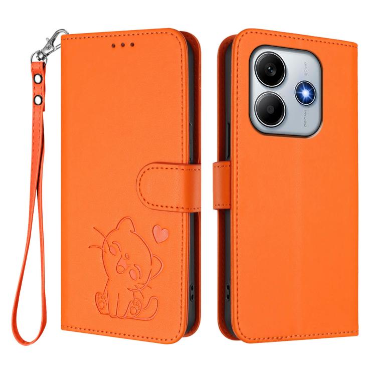 For Redmi Note 14 4G 164.84mm Embossed Heart Cat Leather Phone Case with Hand Strap