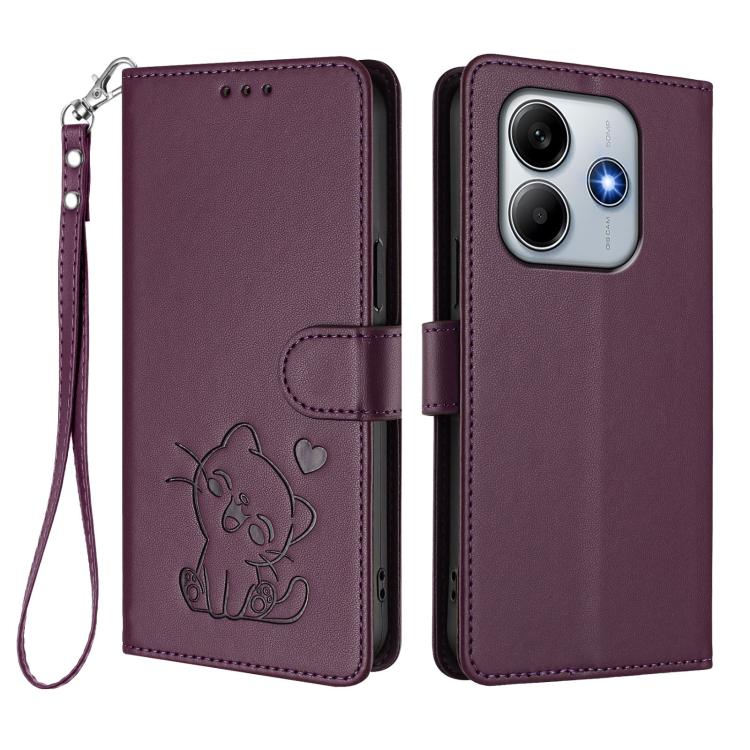 For Redmi Note 14 4G 164.84mm Embossed Heart Cat Leather Phone Case with Hand Strap