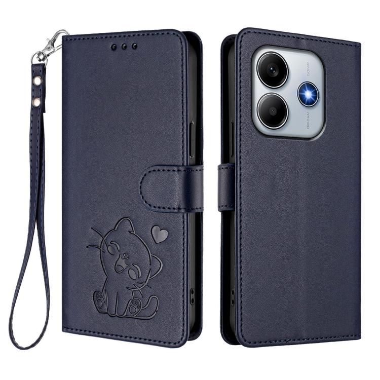 For Redmi Note 14 4G 164.84mm Embossed Heart Cat Leather Phone Case with Hand Strap