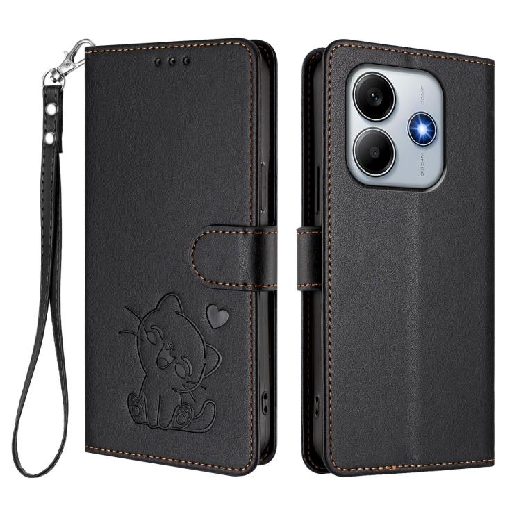 For Redmi Note 14 4G 164.84mm Embossed Heart Cat Leather Phone Case with Hand Strap