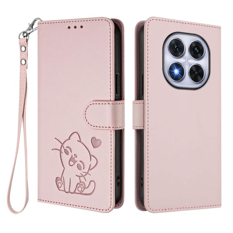 For Redmi Note 14 Pro 5G India / Note 14 Pro+ Embossed Heart Cat Leather Phone Case with Hand Strap