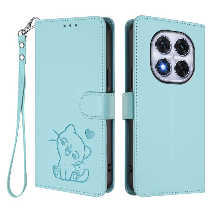 For Redmi Note 14 Pro 5G India / Note 14 Pro+ Embossed Heart Cat Leather Phone Case with Hand Strap