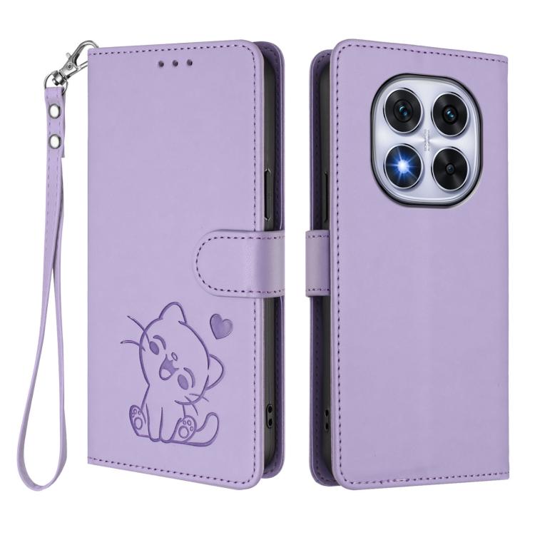 For Redmi Note 14 Pro 5G India / Note 14 Pro+ Embossed Heart Cat Leather Phone Case with Hand Strap
