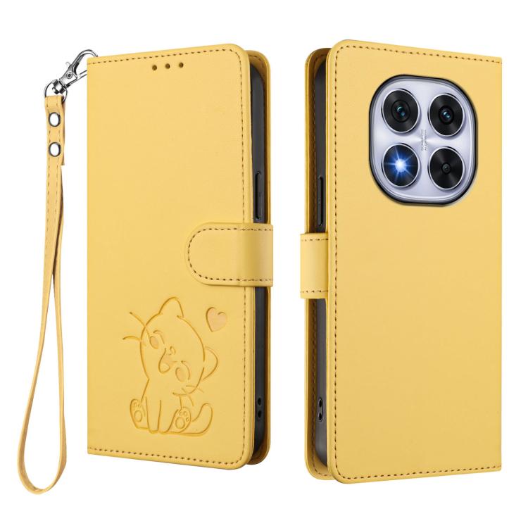 For Redmi Note 14 Pro 5G India / Note 14 Pro+ Embossed Heart Cat Leather Phone Case with Hand Strap