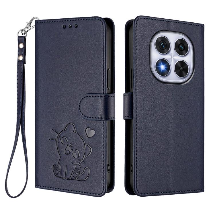 For Redmi Note 14 Pro 5G India / Note 14 Pro+ Embossed Heart Cat Leather Phone Case with Hand Strap