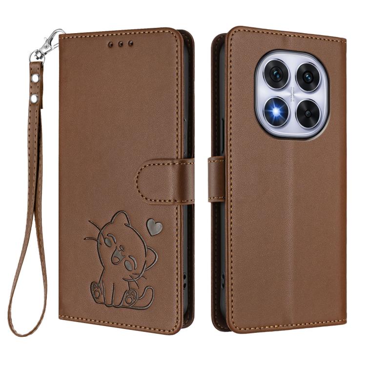 For Redmi Note 14 Pro 5G India / Note 14 Pro+ Embossed Heart Cat Leather Phone Case with Hand Strap