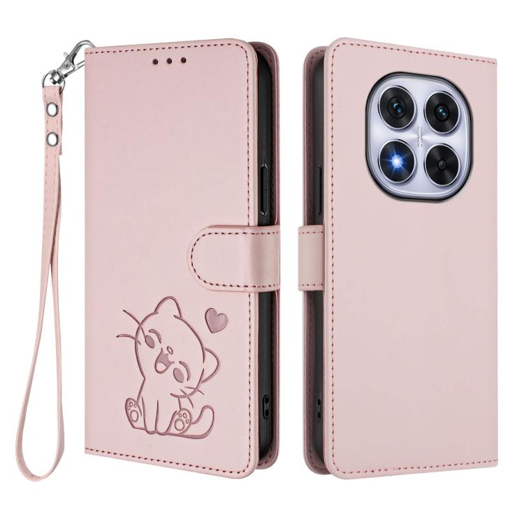 For Redmi Note 14 Pro 4G Global Embossed Heart Cat Leather Phone Case with Hand Strap