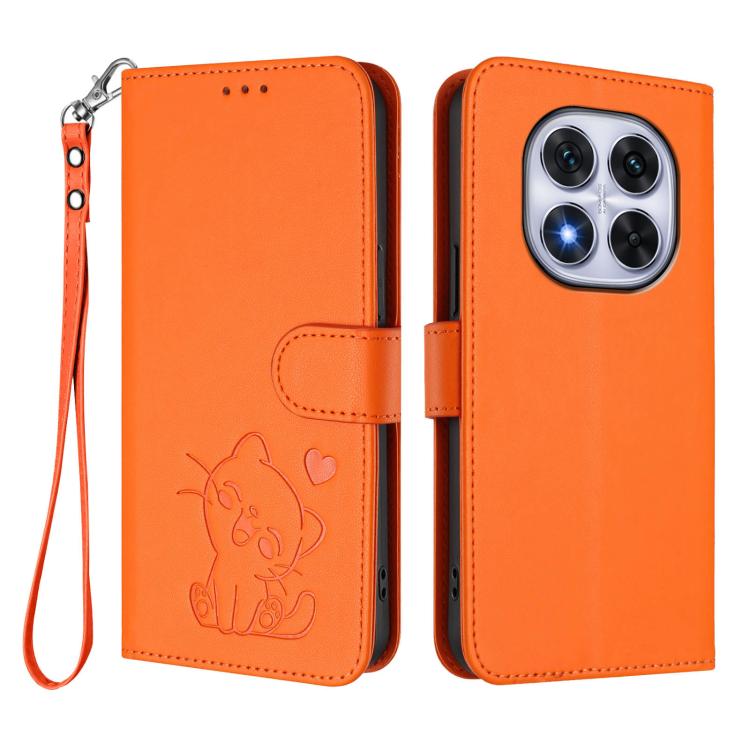 For Redmi Note 14 Pro 4G Global Embossed Heart Cat Leather Phone Case with Hand Strap