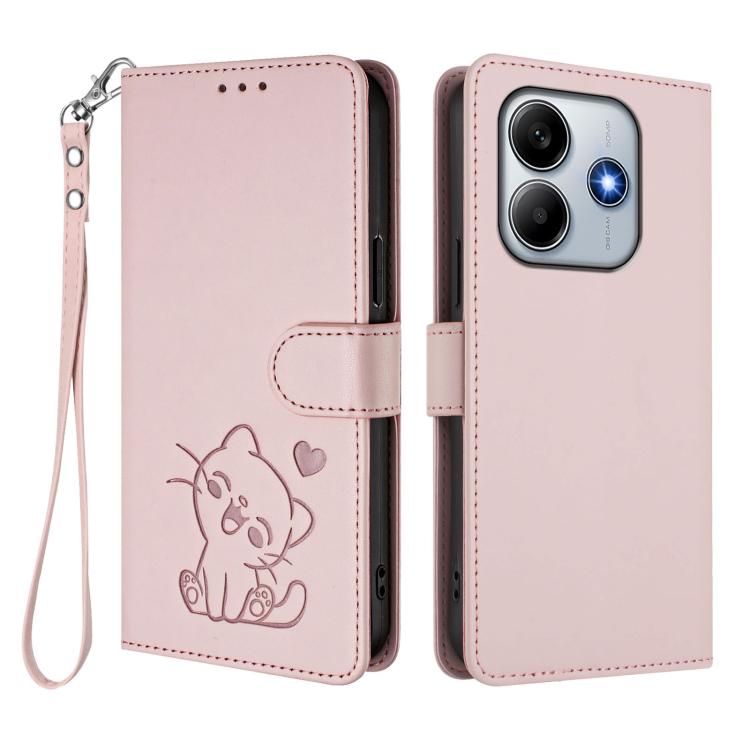 For Redmi Note 14 4G 163.25mm Embossed Heart Cat Leather Phone Case with Hand Strap