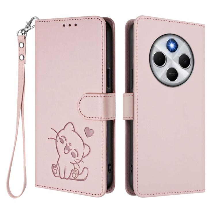 For Redmi A4 5G / A3 Pro / 14C 4G / 14R Embossed Heart Cat Leather Phone Case with Hand Strap