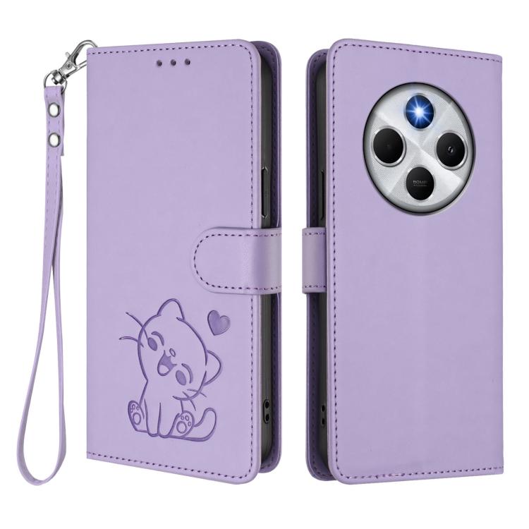 For Redmi A4 5G / A3 Pro / 14C 4G / 14R Embossed Heart Cat Leather Phone Case with Hand Strap