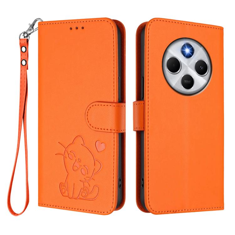For Redmi A4 5G / A3 Pro / 14C 4G / 14R Embossed Heart Cat Leather Phone Case with Hand Strap