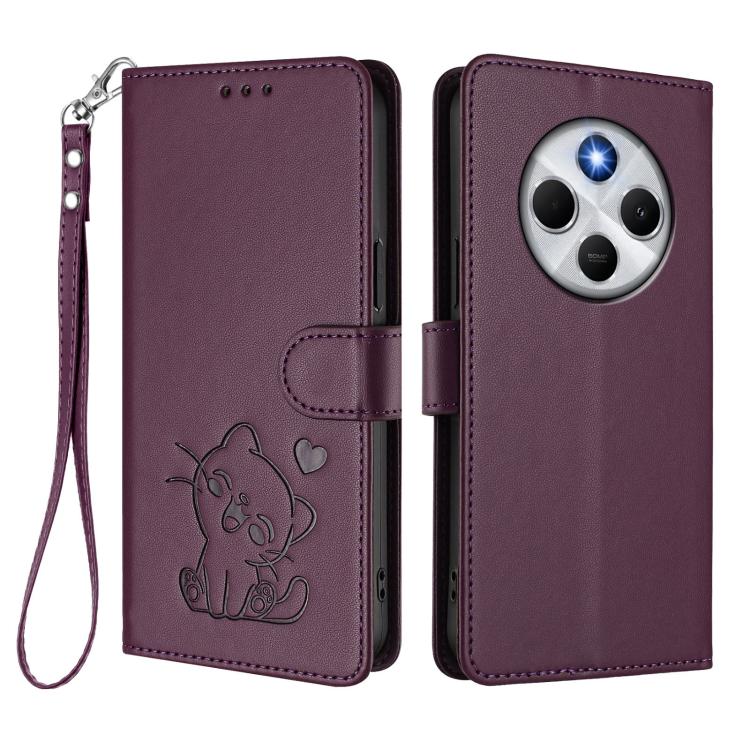 For Redmi A4 5G / A3 Pro / 14C 4G / 14R Embossed Heart Cat Leather Phone Case with Hand Strap