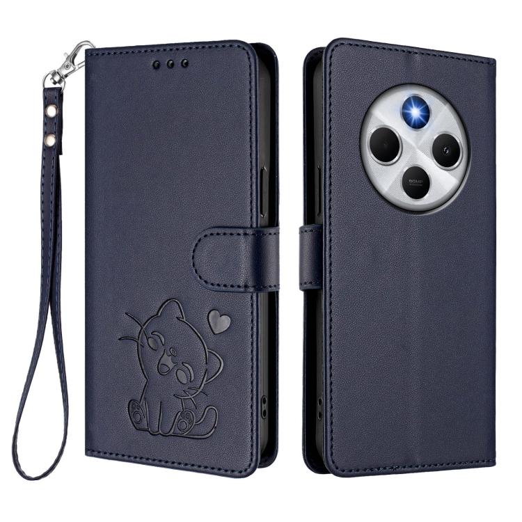 For Redmi A4 5G / A3 Pro / 14C 4G / 14R Embossed Heart Cat Leather Phone Case with Hand Strap