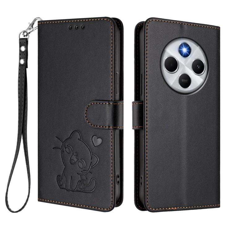 For Redmi A4 5G / A3 Pro / 14C 4G / 14R Embossed Heart Cat Leather Phone Case with Hand Strap
