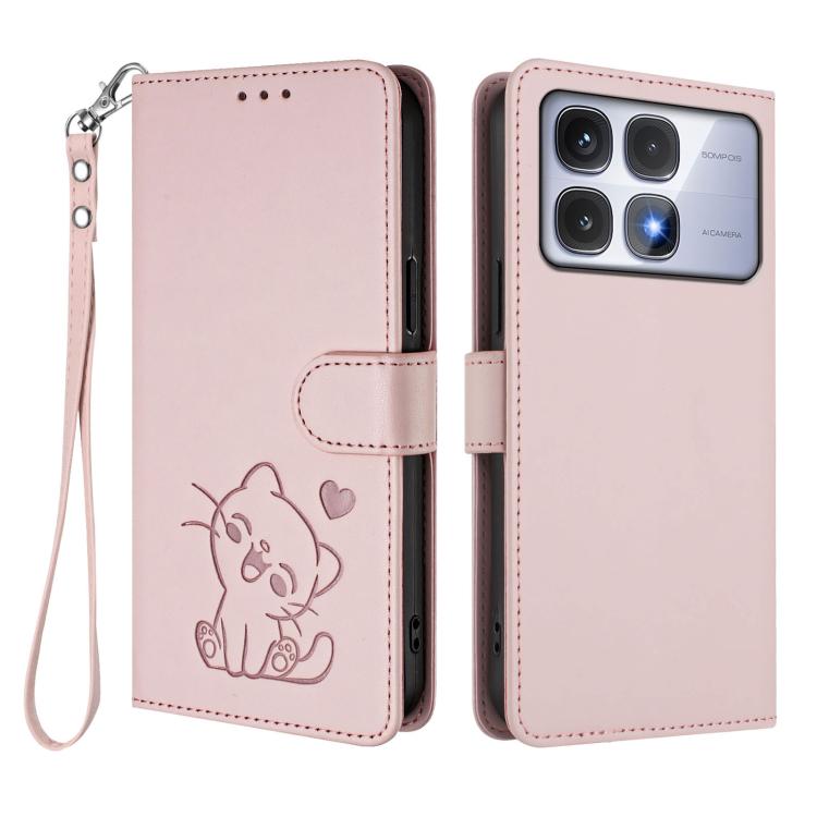 For Redmi K70 Ultra 5G Embossed Heart Cat Leather Phone Case with Hand Strap
