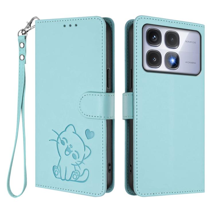 For Redmi K70 Ultra 5G Embossed Heart Cat Leather Phone Case with Hand Strap