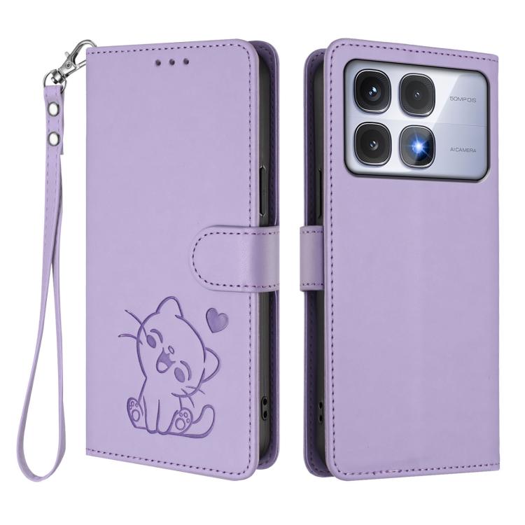 For Redmi K70 Ultra 5G Embossed Heart Cat Leather Phone Case with Hand Strap