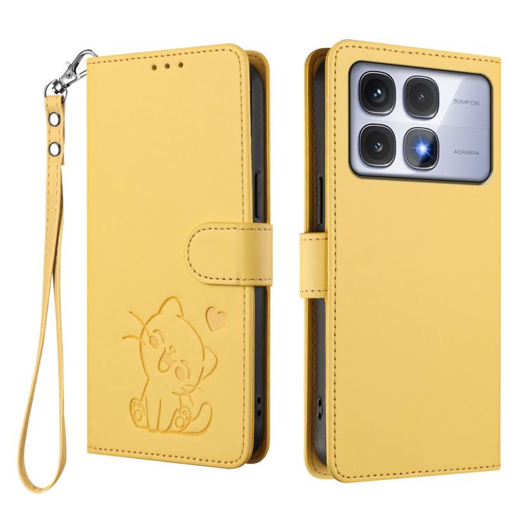 For Redmi K70 Ultra 5G Embossed Heart Cat Leather Phone Case with Hand Strap