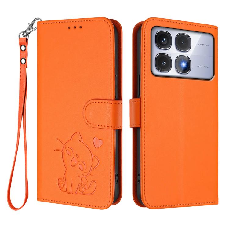 For Redmi K70 Ultra 5G Embossed Heart Cat Leather Phone Case with Hand Strap