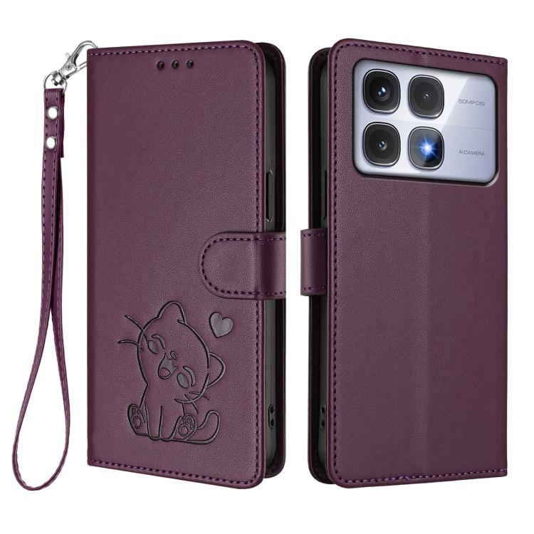 For Redmi K70 Ultra 5G Embossed Heart Cat Leather Phone Case with Hand Strap
