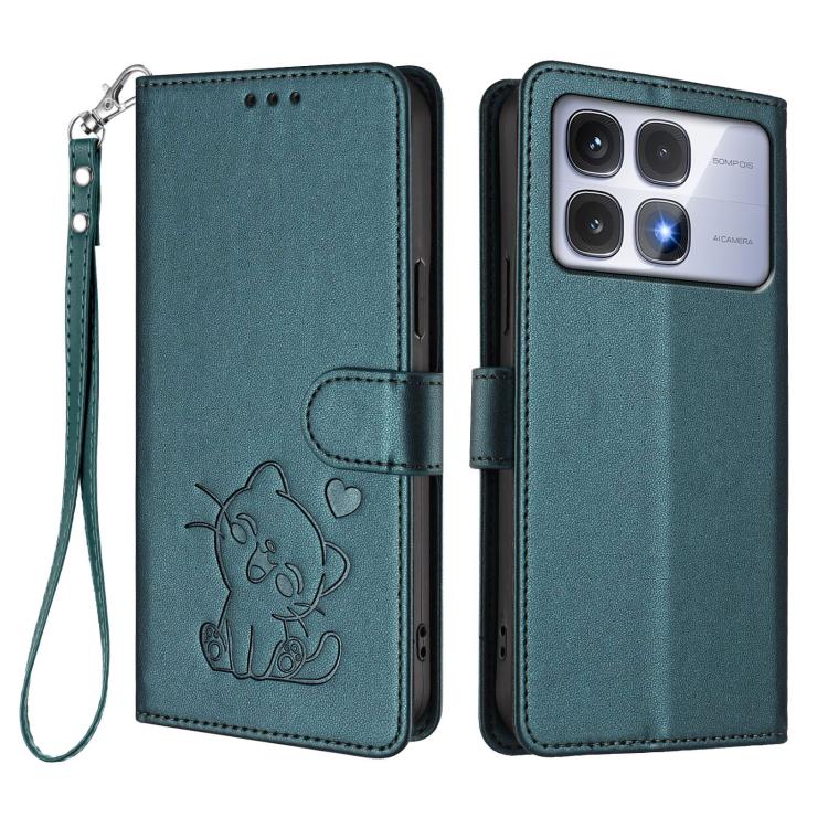 For Redmi K70 Ultra 5G Embossed Heart Cat Leather Phone Case with Hand Strap
