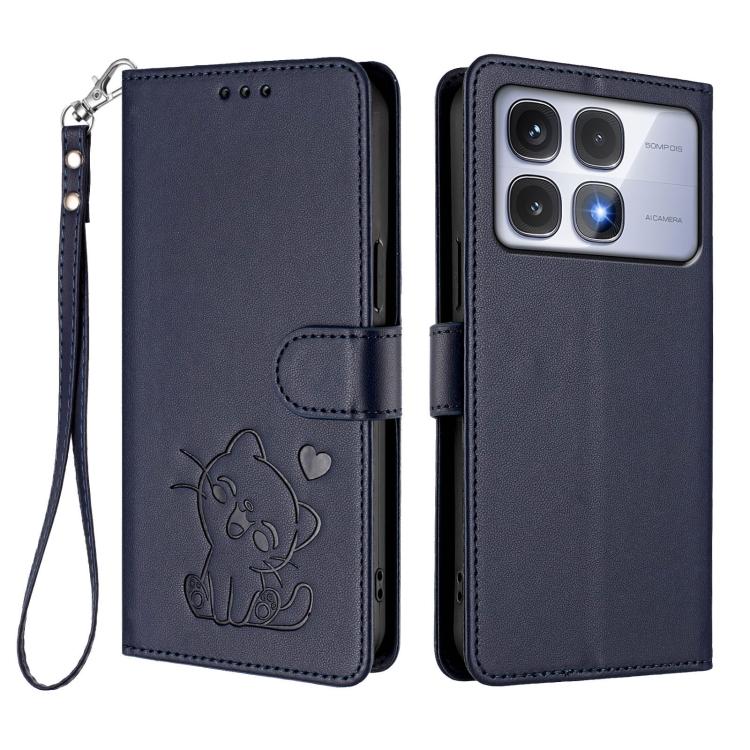 For Redmi K70 Ultra 5G Embossed Heart Cat Leather Phone Case with Hand Strap