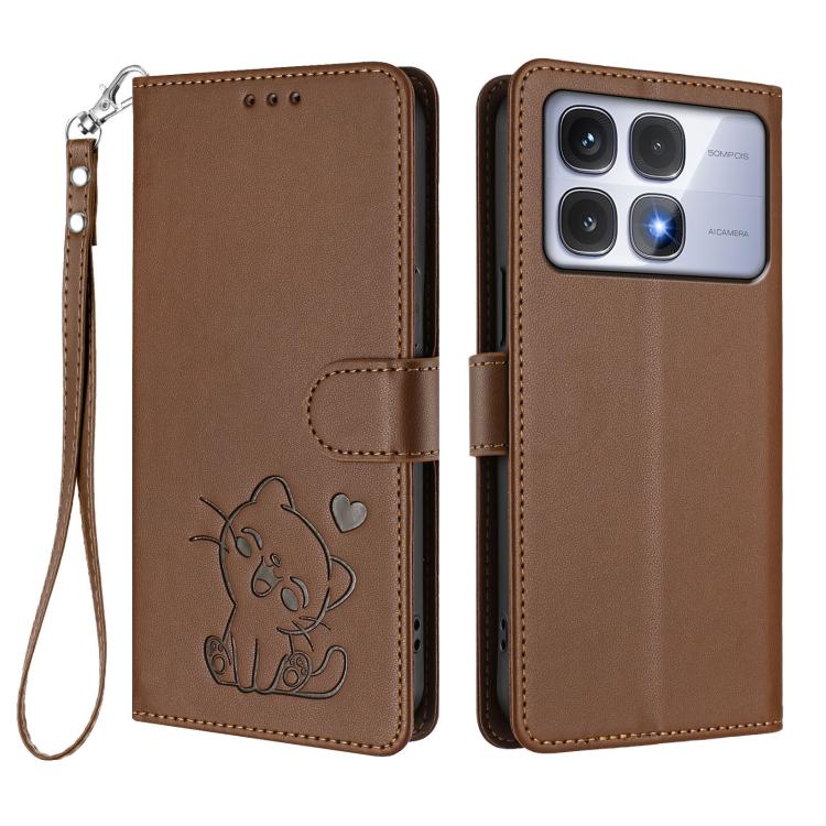 For Redmi K70 Ultra 5G Embossed Heart Cat Leather Phone Case with Hand Strap